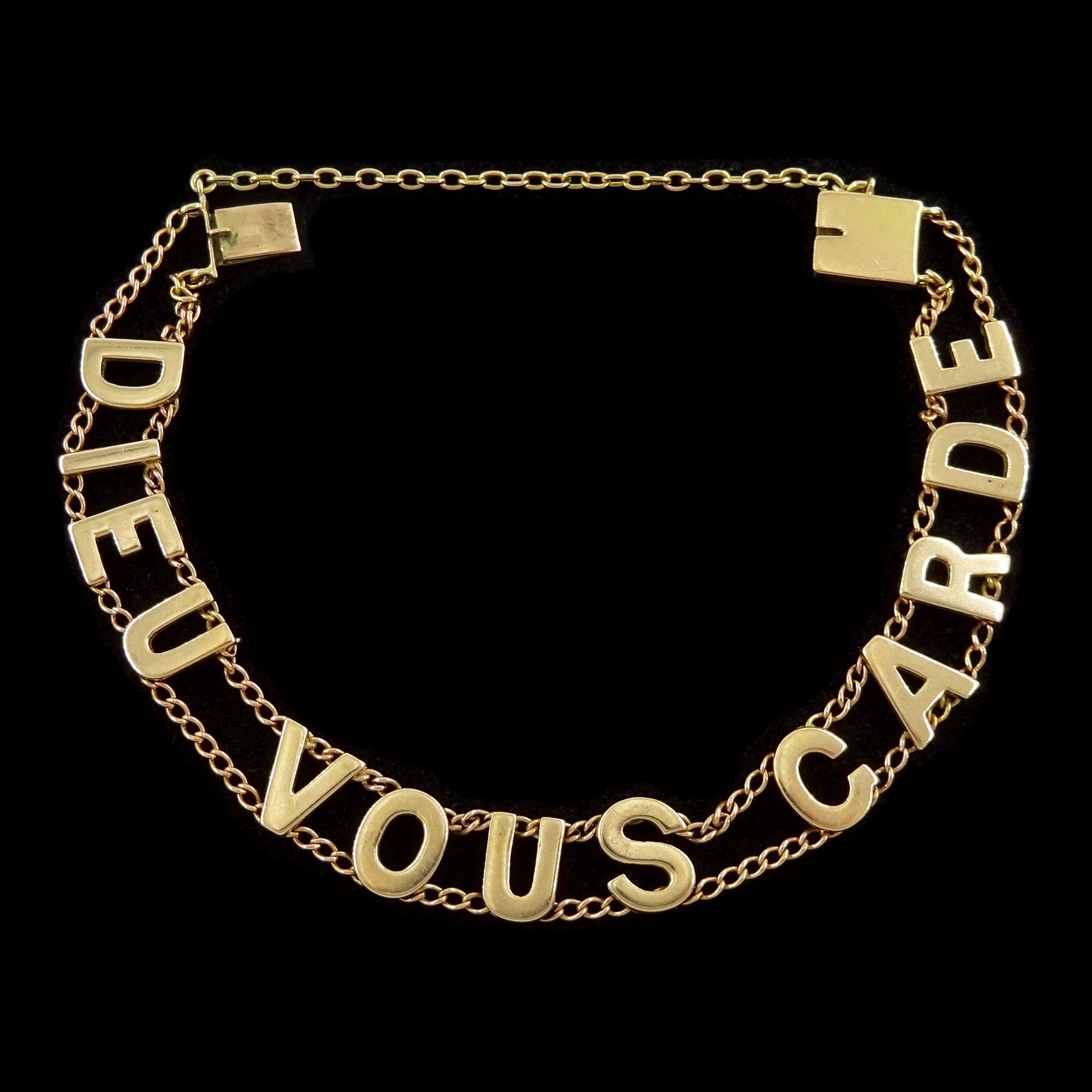 19th / early 20th century 9ct rose gold 'Dieu Vous Garde' chain bracelet, stamped 9ct