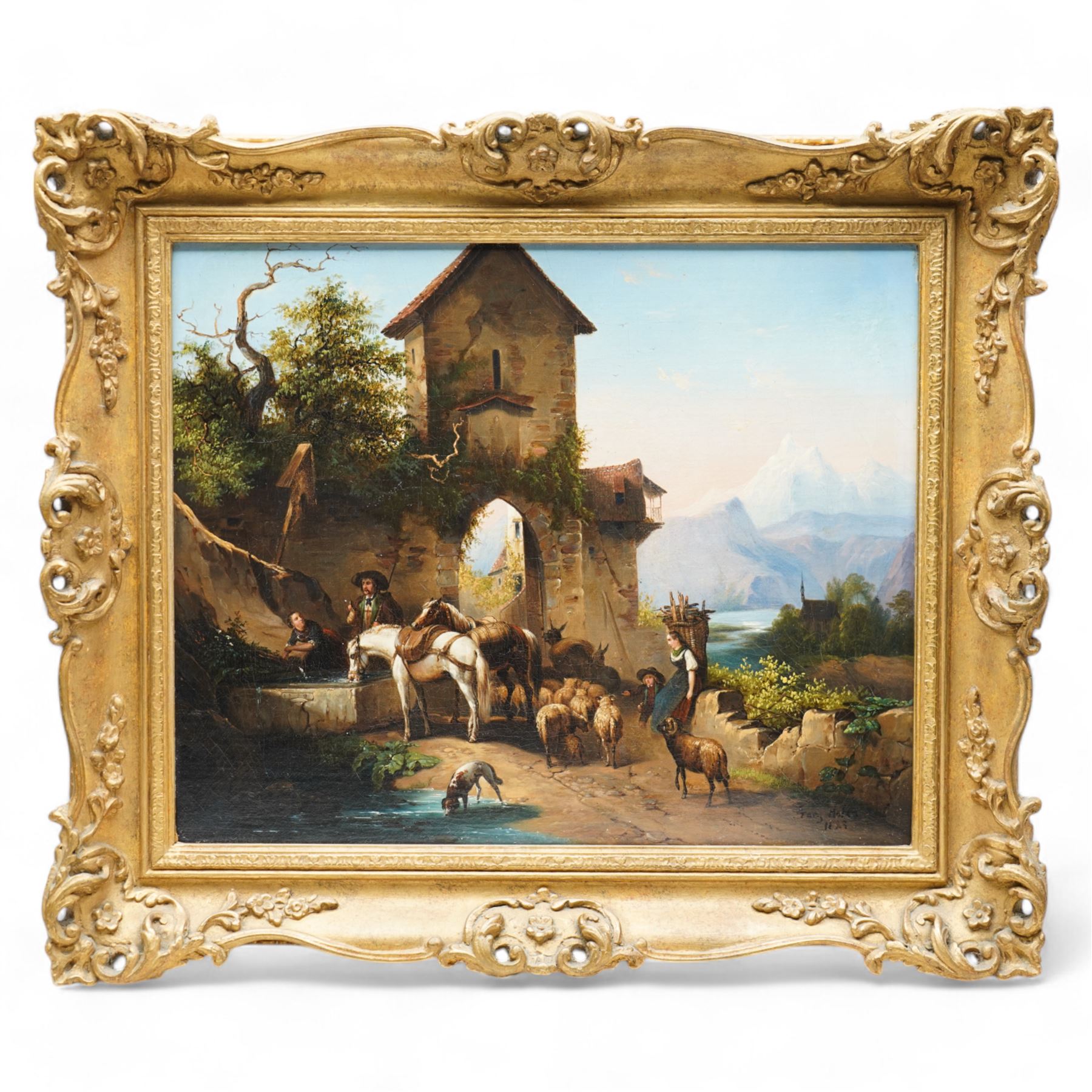 Franz Hofen (German/Austrian Early19th century): Animals Watering Beneath a Ruined Tower, oil indistinctly signed and dated 1829, 31cm x 38cm