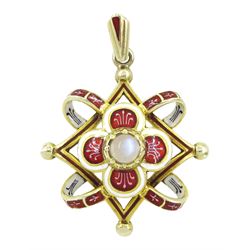 9ct gold moonstone and white and red enamel pendant, London 1979