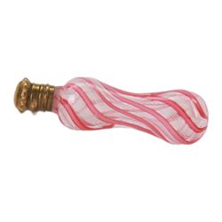 Small 19th century Clichy glass scent bottle, circa 1860, the waisted cylindrical body decorated with pink and white cane stripes, with dore bronze hinged cover opening to reveal internal glass stopper, H6cm