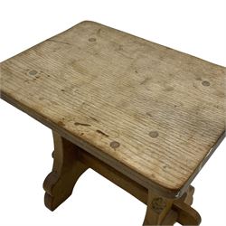 Gnomeman - three oak occasional tables, rectangular adzed top on shaped end supports united by pegged stretcher, each carved with gnome signature, by Thomas Whittaker, Littlebeck, the largest - 46cm x 29cm, H37cm