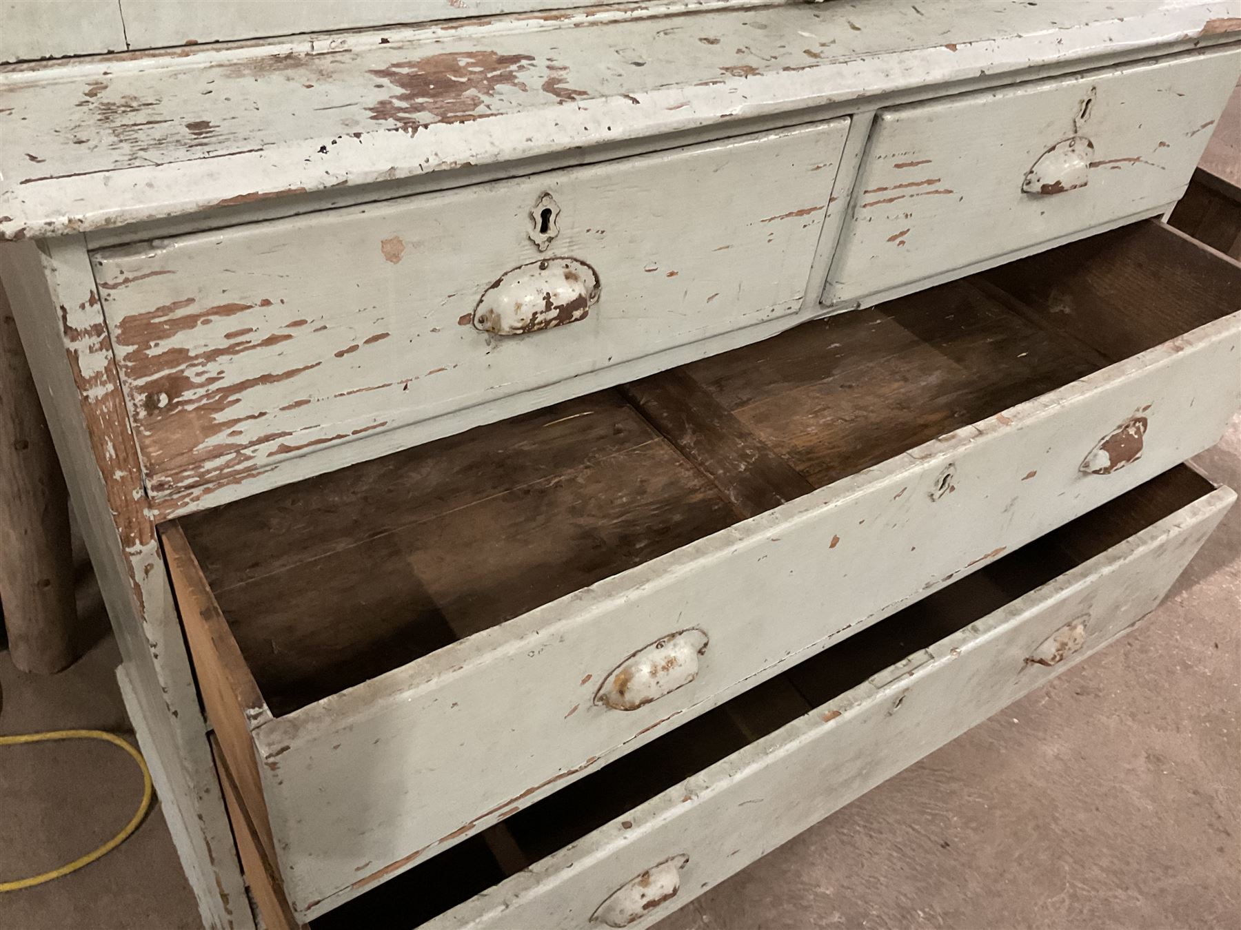 19th century pale blue painted pine housekeepers cupboard, double panelled cupboard enclosing two shelves over two short and three long drawers, on turned feet - THIS LOT IS TO BE COLLECTED BY APPOINTMENT FROM THE OLD BUFFER DEPOT, MELBOURNE PLACE, SOWERBY, THIRSK, YO7 1QY