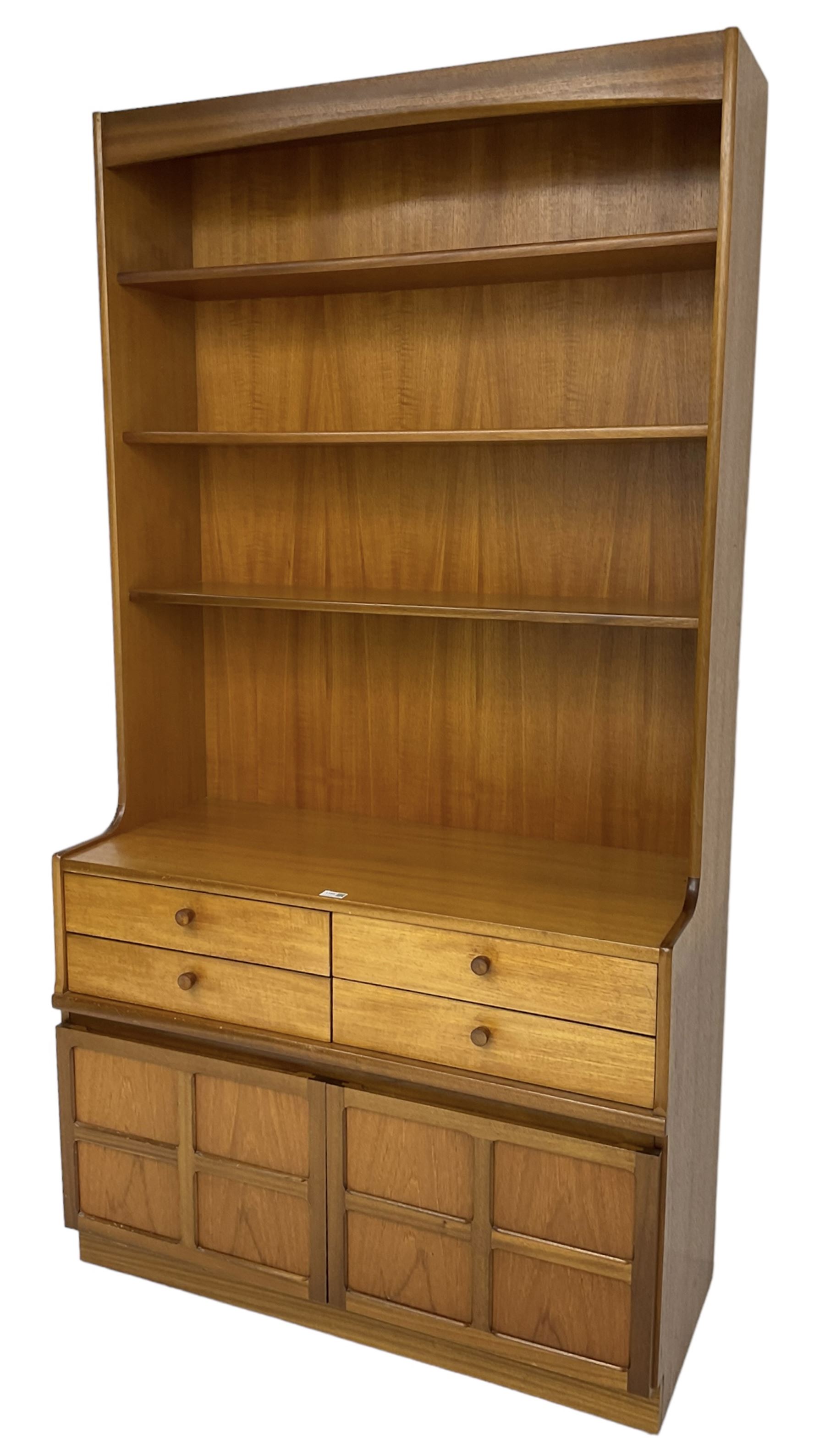 Nathan - teak wall unit, raised shelves over four drawers and double cupboard