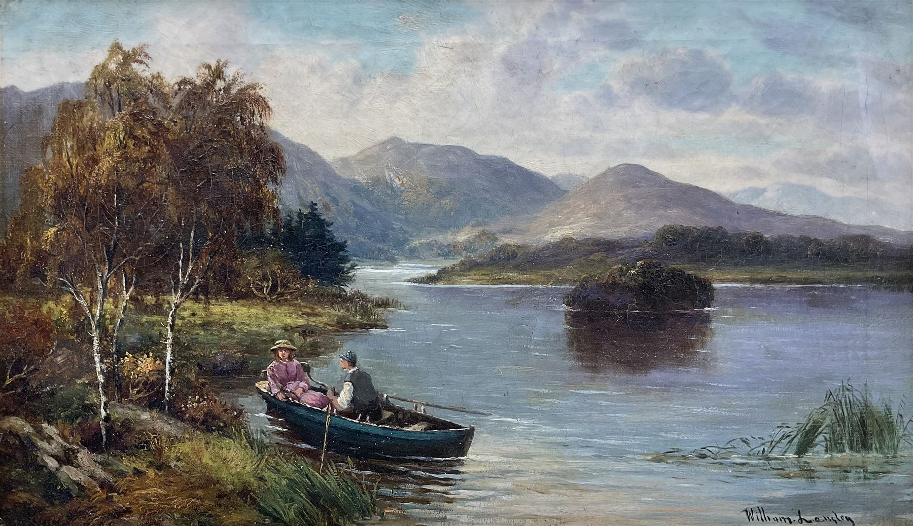 William Langley (British 1852-1922): Couple Rowing in the Trossachs, oil on canvas signed 29cm x 49cm