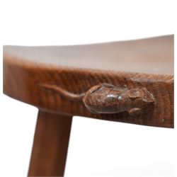 Mouseman - oak kidney-shaped stool, on three tapered octagonal supports, carved with moues signature, by the workshop of Robert Thompson, Kilburn 