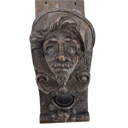 Pair of Victorian figural carved oak corbels, modelled as male and female masks, with scroll and fruit details, H22cm x W8.5cm 