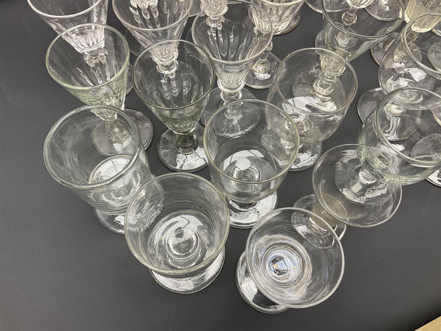 Collection of 18th century and later glassware, including set of three with twist stems and etched and fluted examples