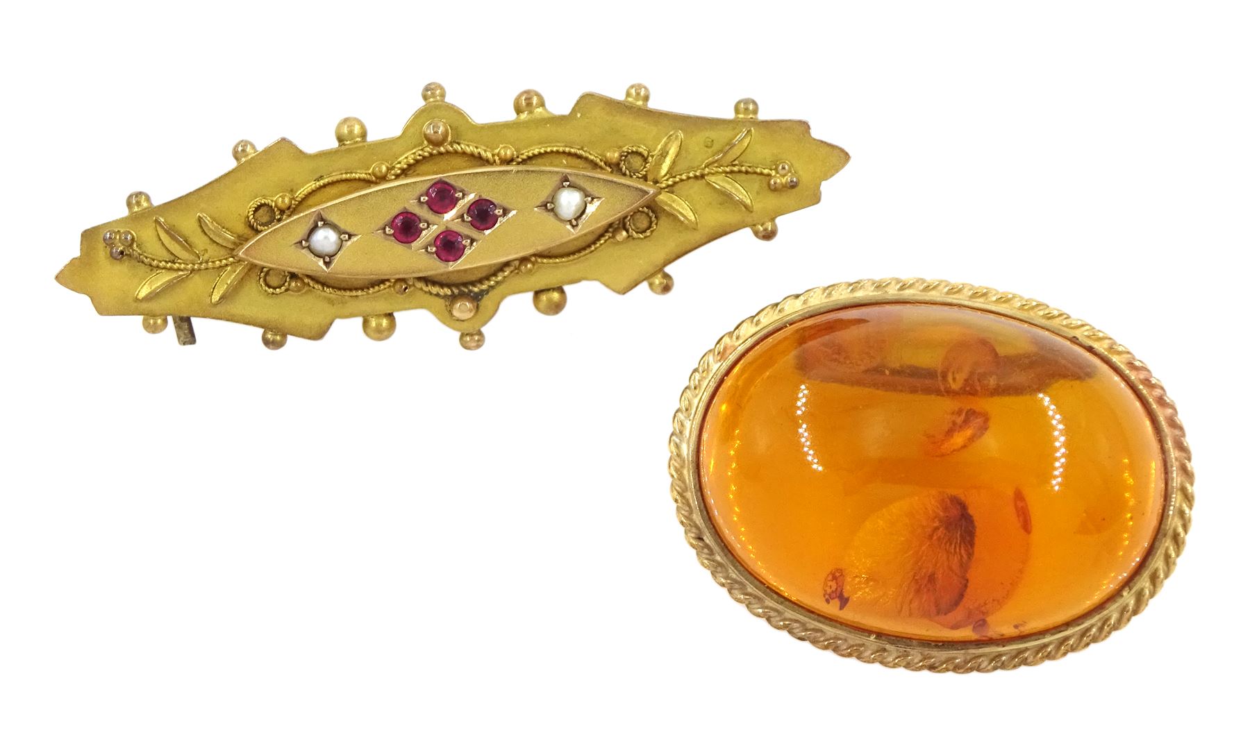 Early 20th century gold pink stone and pearl set brooch and a later gold amber brooch, both hallmarked 9ct