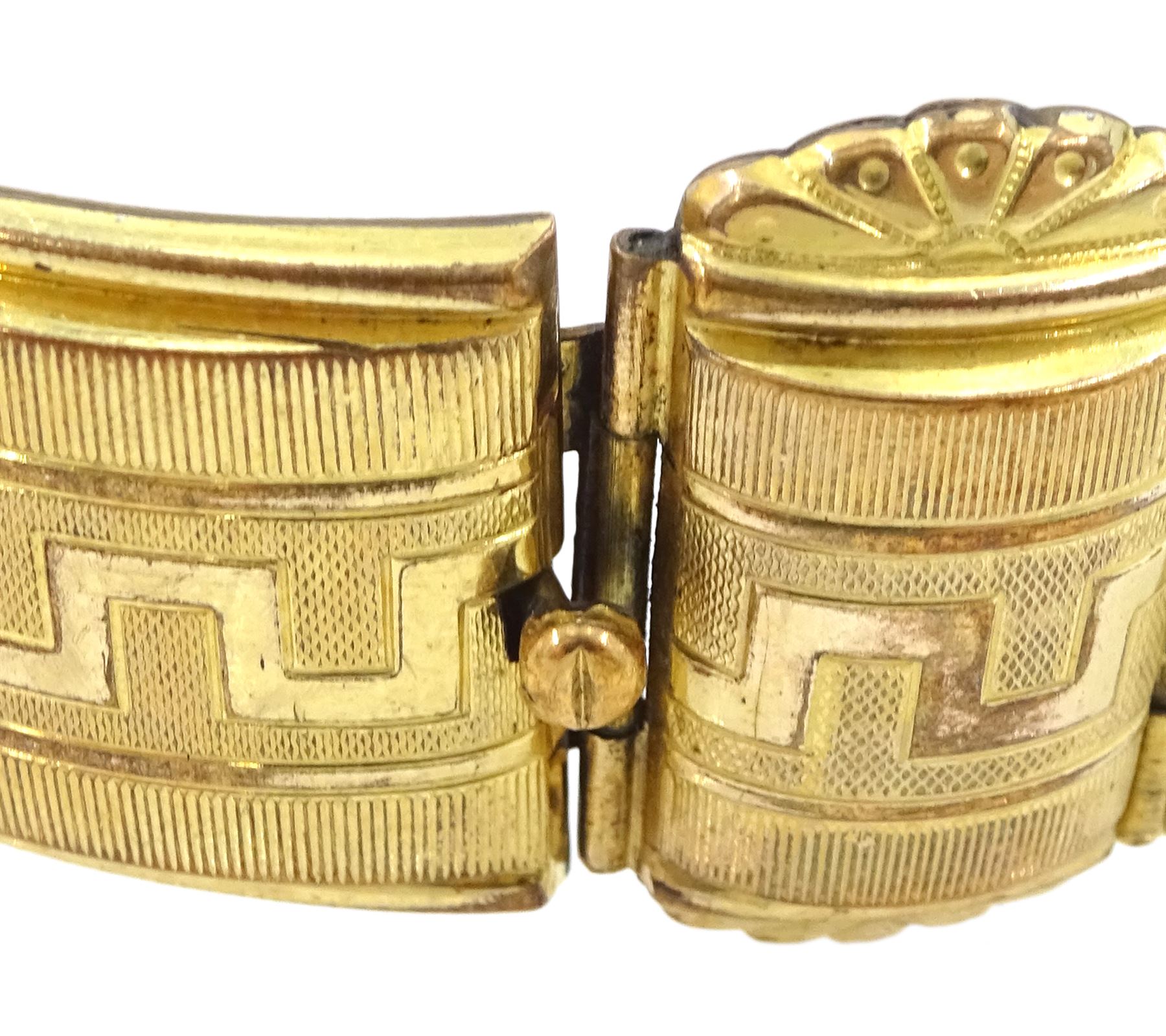 Victorian gilt fancy link bracelet, with Greek Key decoration, in a fitted case