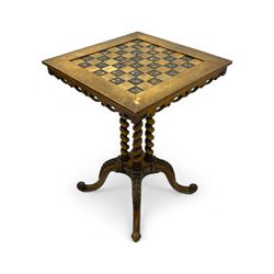 Late 19th century walnut games table, the square top with sunken inlaid chessboard decorated with inlaid floral bouquets, shaped and pierced frieze rails, on quadruple spiral turned pillars, concaved square platform inlaid with flowers, on acanthus leaf carved splayed supports with scrolled terminals 