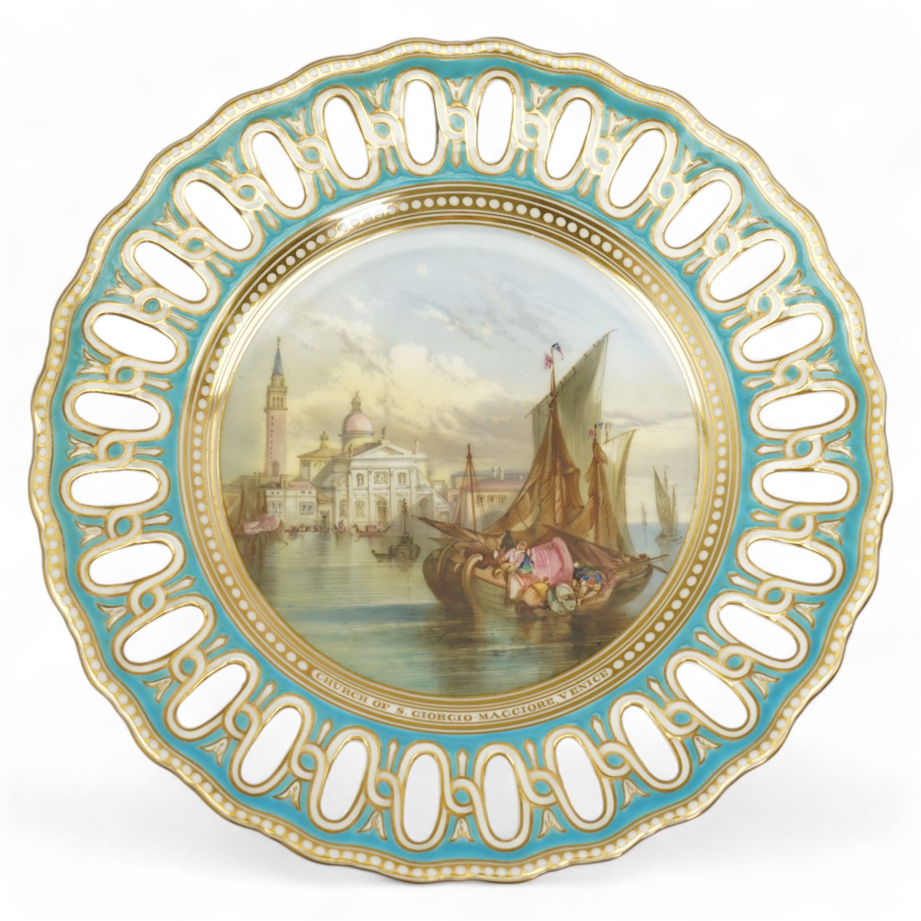 Pair of 19th century Copeland cabinet plates, centrally hand painted with a view of Lake Como and Church of S. Giorgio-Maggiore, Venice, within blue and gilt pierced borders, pattern no. D1625, D22.5cm (2)