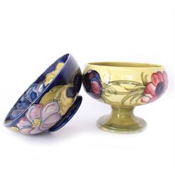 Moorcroft bowl in Clematis pattern, together with Moorcroft pedestal bowl in Anemone pattern both with makers mark below, pedestal dish H12cm 