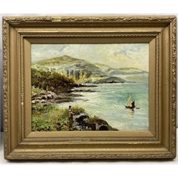 Watson (British early 20th century): Seascape, watercolour signed and dated 1910, 20cm x 34cm; T Joelson (British early 20th century): Coastal Seascape with Figure and Sailing Boat, oil on canvas signed and dated 1911, 30cm x 40cm (2)