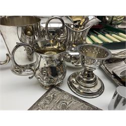 Silver plated four piece tea service, comprising teapot, coffee pot, open sucrier and milk jug, together with card case embossed with animals, flatware etc, 