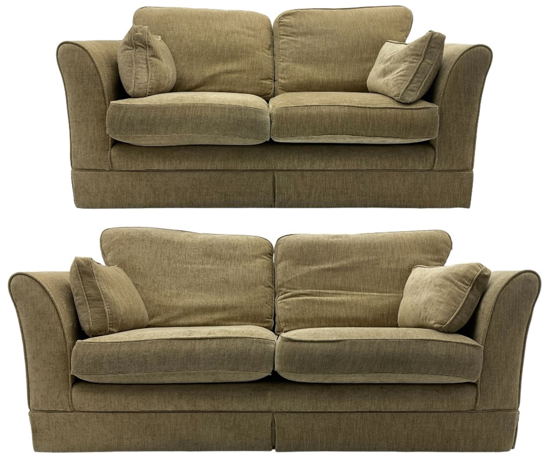 Three seat sofa (W200cm, H96cm, D100cm); and matching two-seat sofa (W180cm); upholstered in natural fabric