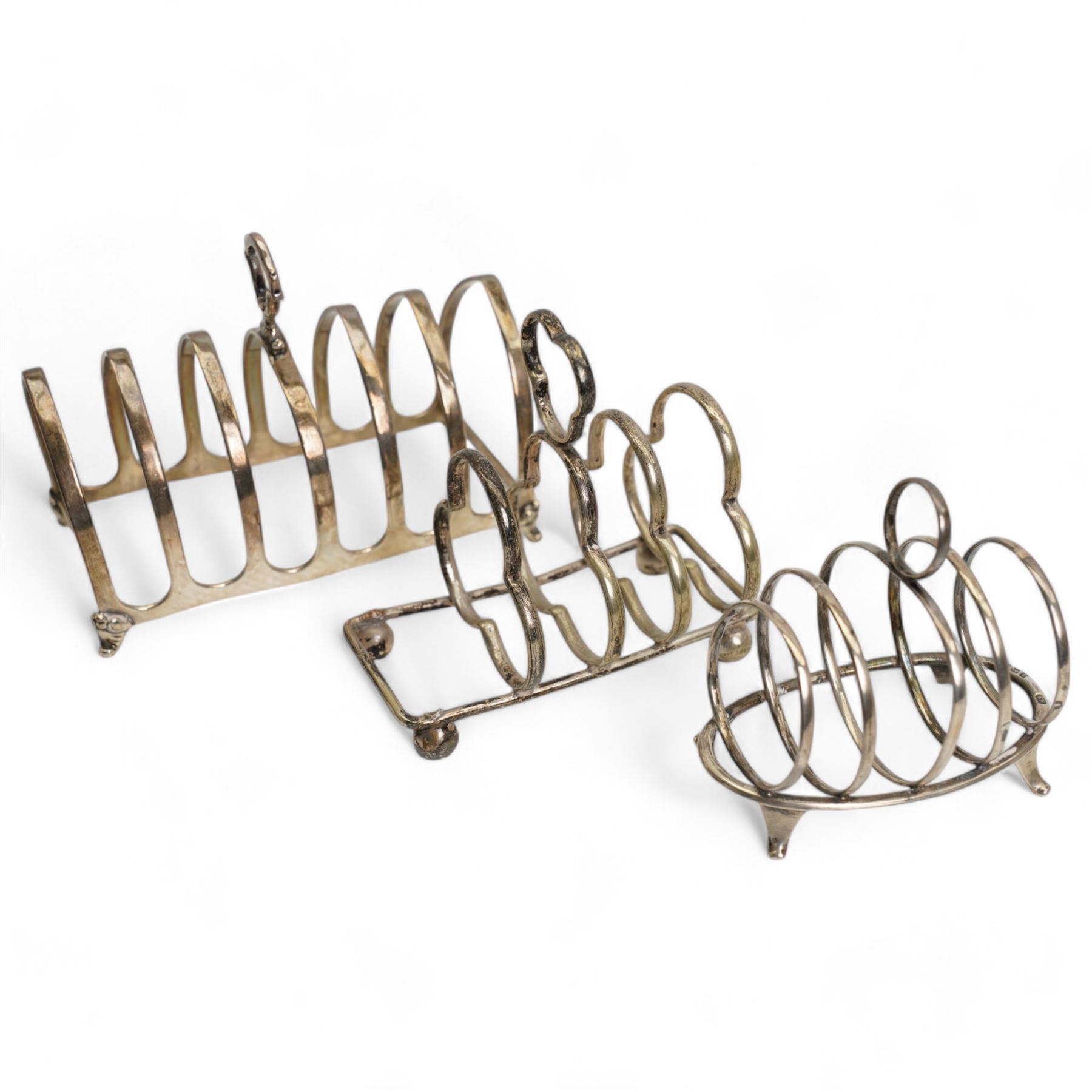 Silver six division toast rack with loop handle Birmingham 1934 Maker Adie Bros., small four division toast rack, plated rack, silver sweetmeat dish and 800 standard egg cup 