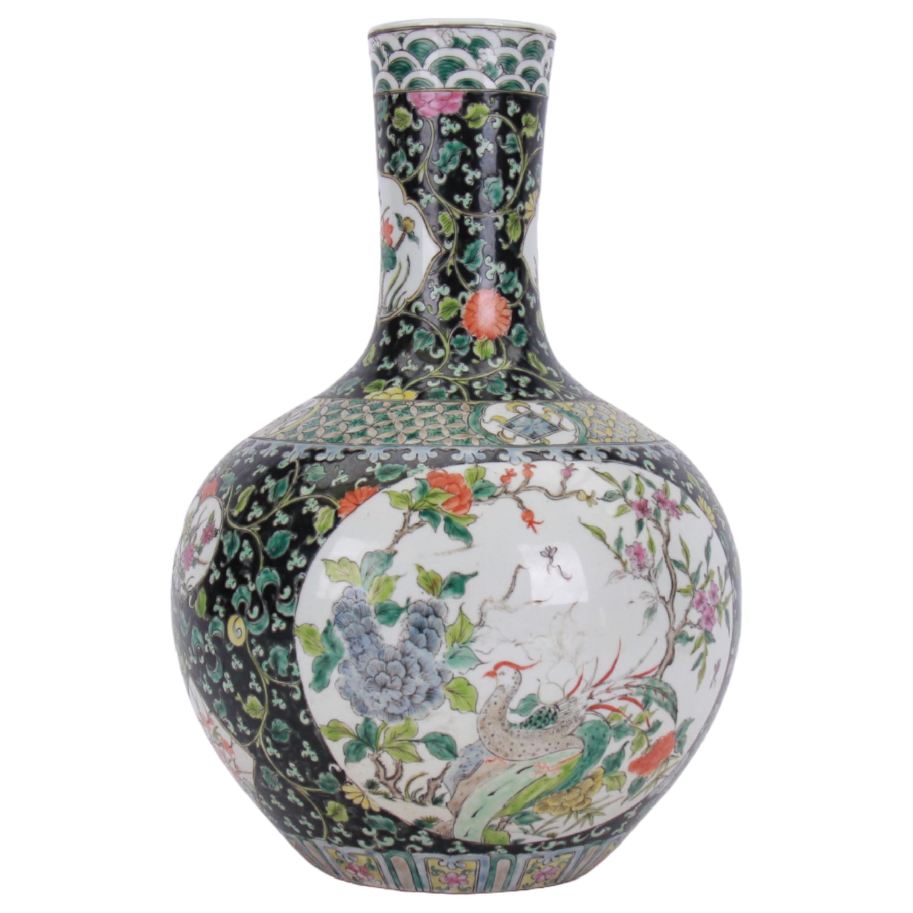 19th century Chinese famille noire bottle vase, decorated with two large reserves painted with ho ho birds amidst blossoming peonies, and six smaller reserves of flowers, against a black ground profusely decorated with leafy tendrils, with character mark beneath, H36cm