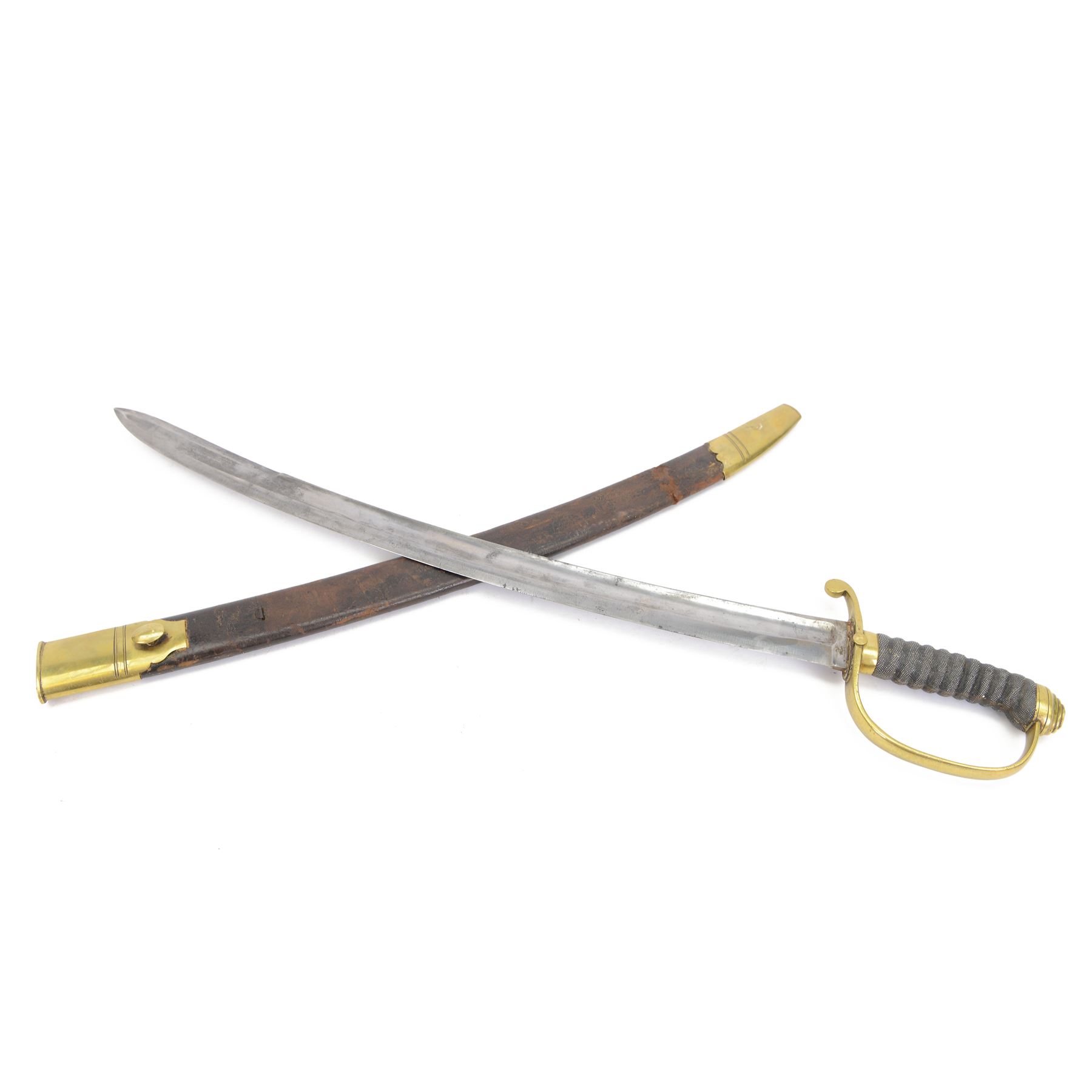 Victorian Police Constabulary Hanger, curved single edge blade, steel knucklebow and downswept quillon marked 864, stepped pommel and ribbed fishskin grip; in leather covered scabbard with steel mounts, L75cm 