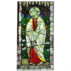 Large late 19th/early 20th century leaded stained glass panel, depicting Jesus with crown of thorns, in red upon yellow ground, H123cm W63cm