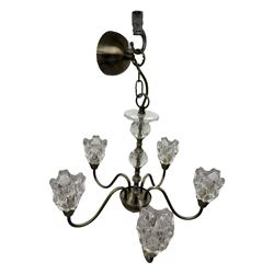 Contemporary five-branch chandelier, brass effect with moulded glass shades; matching pair of wall-mounted two-branch lights (3)