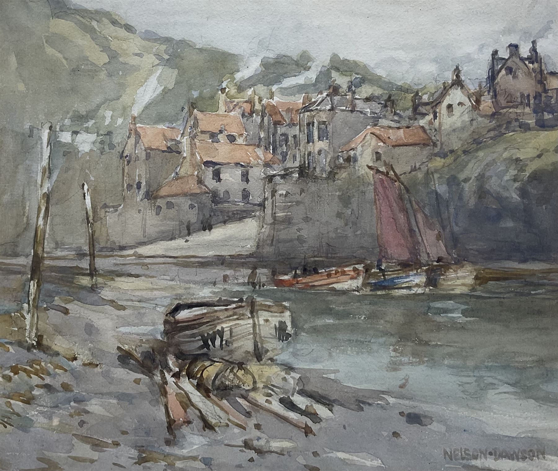 Nelson Ethelred Dawson (British 1860-1941): Fishing Boats at Low Tide Robin Hoods Bay, watercolour signed 21.5cm x 25.5cm