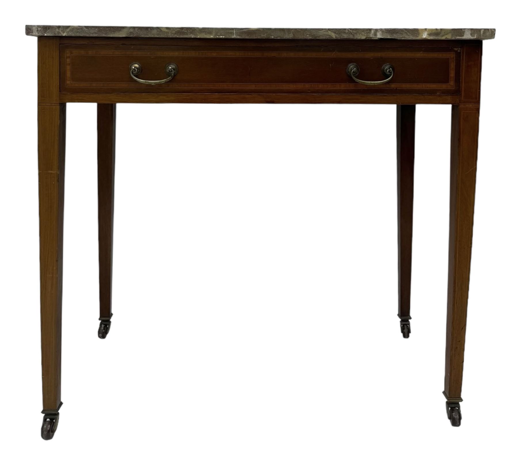 Edwardian inlaid mahogany wash stand or side table, variegated rouge marble top, fitted with single drawer with satinwood band, on square tapering supports with brass and ceramic castors  