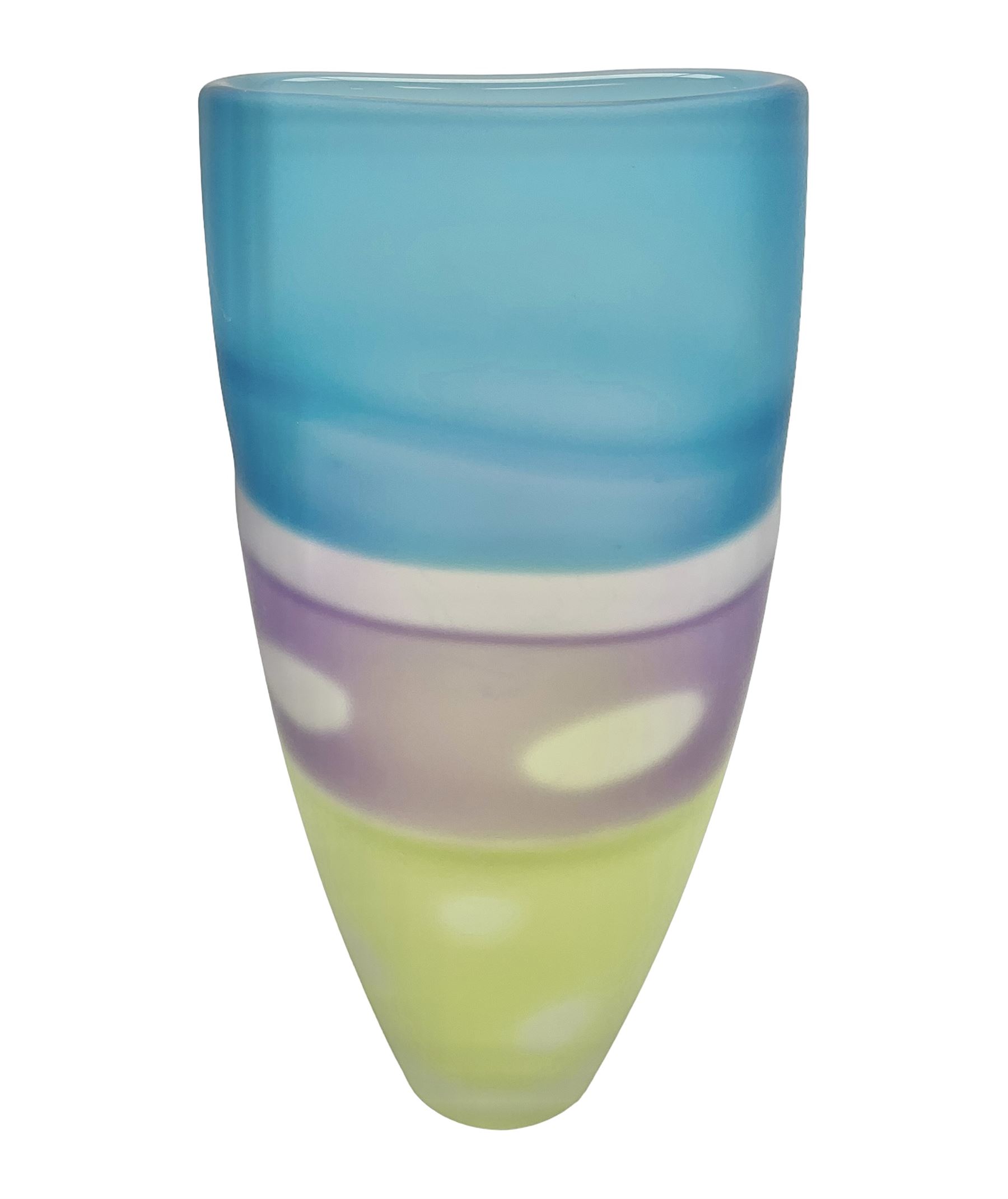 Stuart Akroyd glass vase, matte blue, green and purple bands, with bubble inclusions H28.3cm