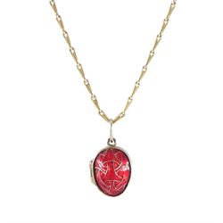 Silver red enamel egg pendant, revealing a pendant hen within, on a 9ct gold barleycorn li...