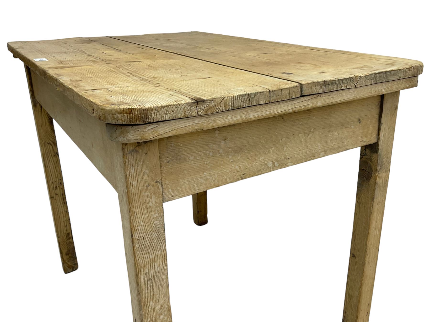 19th century rustic stripped pine side table, two plank rectangular top over square supports