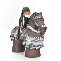 Studio pottery figure, modelled as a knight on horseback, H16cm