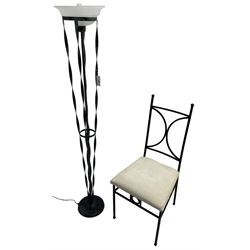 Wrought metal standard lamp (H170cm); wrought metal side chair with curved X-framed back over upholstered seat (W49cm)