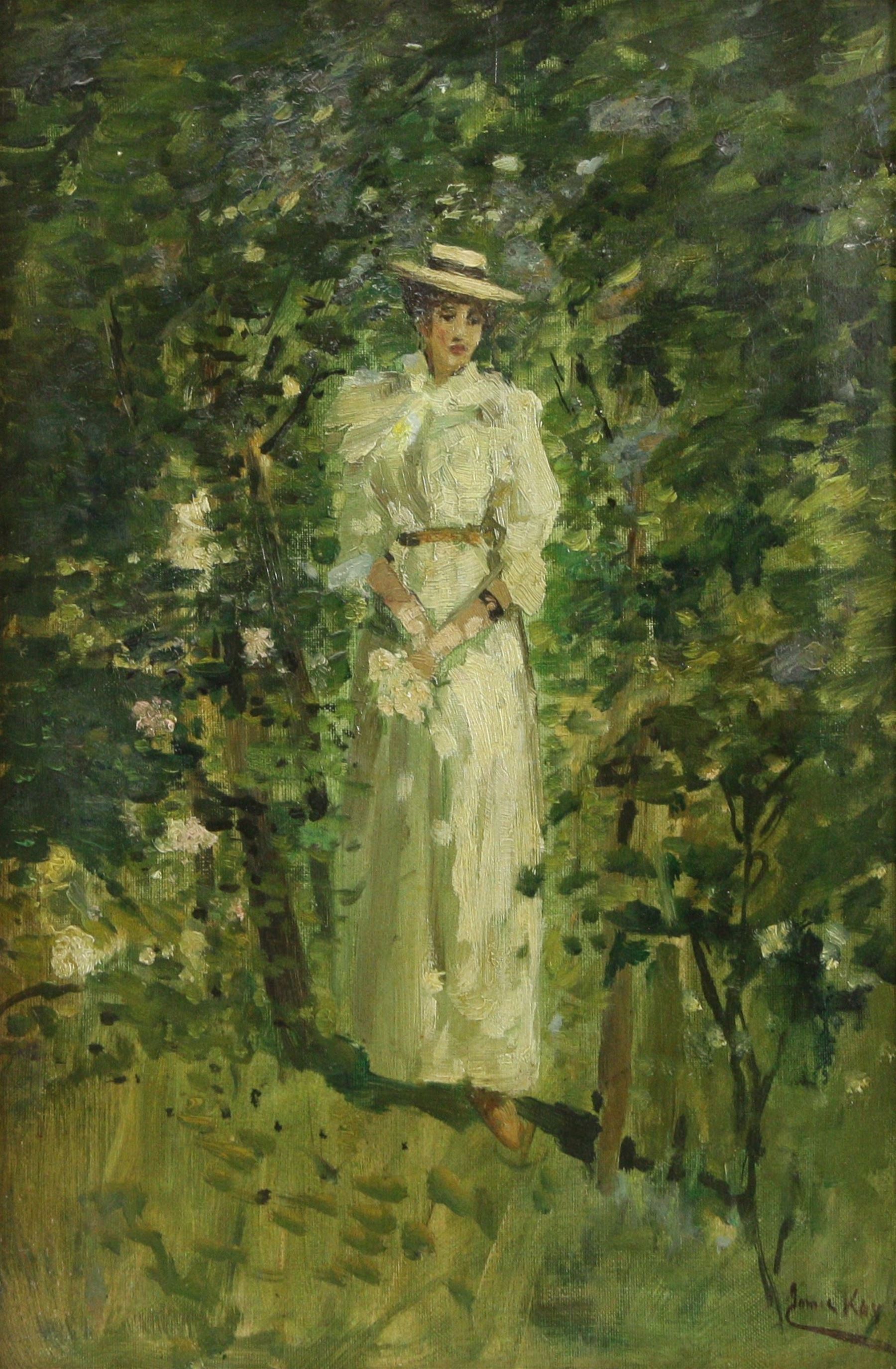 James Kay RSW RSA (Scottish 1858-1942): Summer's Day in the Rose Garden, oil on canvas signed and indistinctly signed 44cm x 29cm