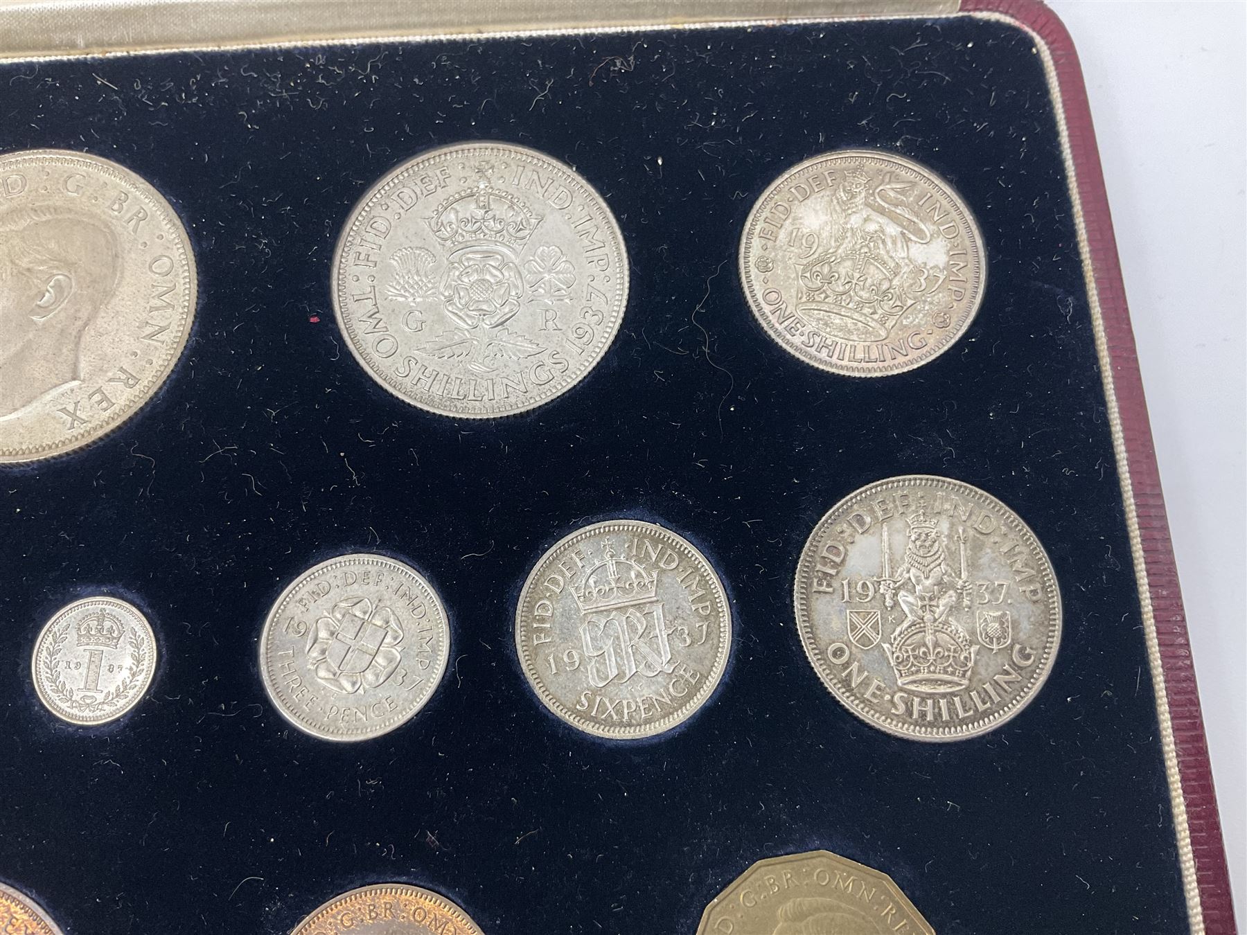 King George VI 1937 specimen coin set, fifteen coins from farthing to crown including Maundy money, in the original case