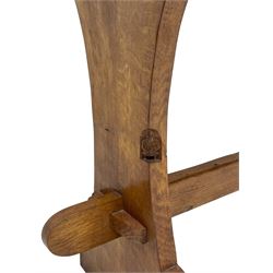 Gnomeman - oak side table, rectangular adzed top over two drawers, on shaped end end supports united by pegged stretcher, carved with gnome signature, by Thomas Whittaker, Littlebeck 