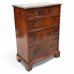 Georgian design yew wood serpentine chest, moulded and crossbanded top over two short and three long graduating cock-beaded drawers, circular pressed brass handle plates with hoop handles, fitted with slide, on bracket feet