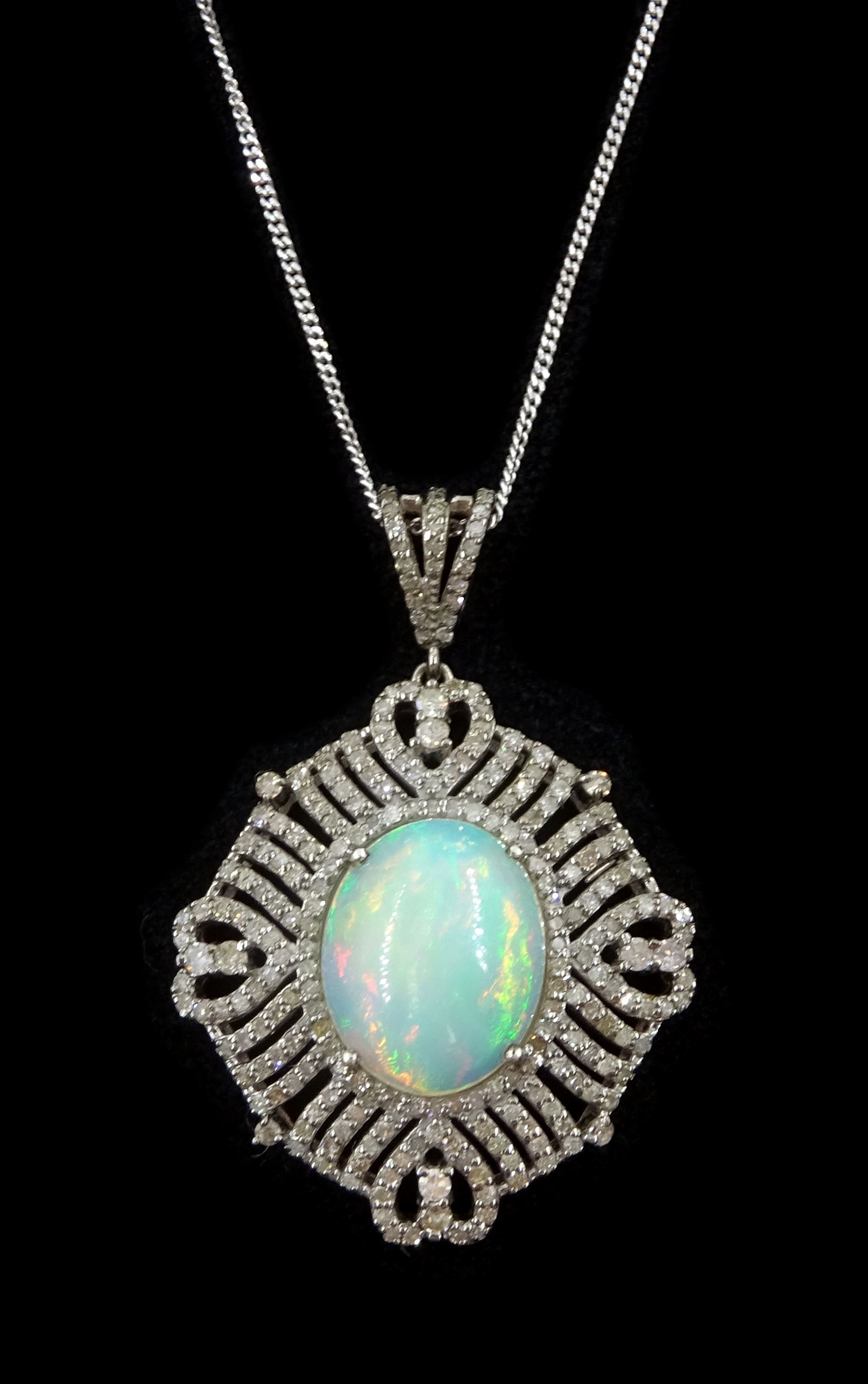 Silver opal and diamond pendant necklace , opal approx 5.20 carat, total diamond weight approx 2.05 carat