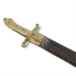 Prussian model 1855 Infantry Pioneers short sword, single edge blade stamped with a crown, quillon marked 28 AE.3.99. 32.A.E.2.99.1, with ribbed grip, in brass mounted leather scabbard, L65cm