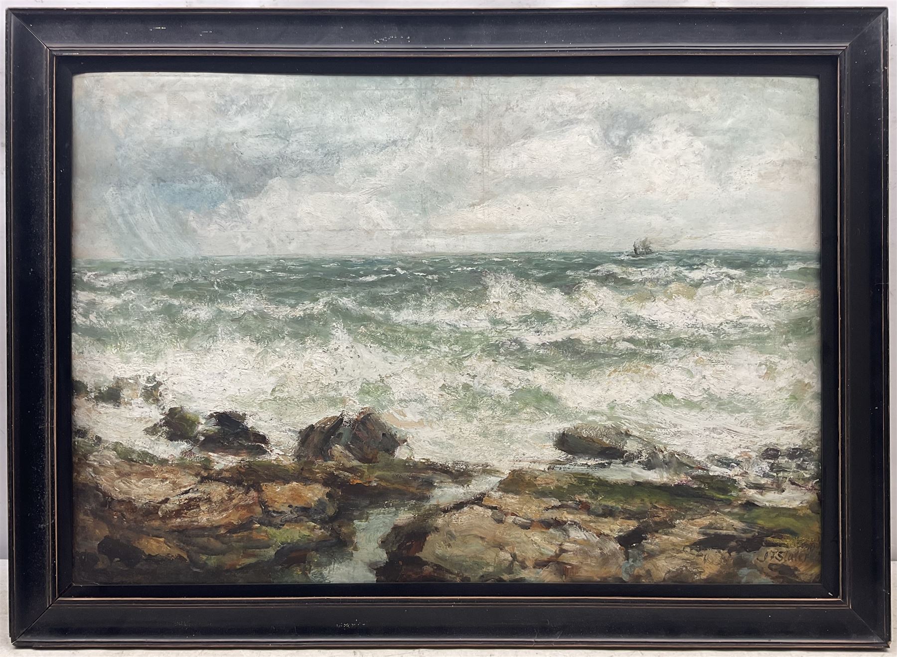 John Falconar Slater (British 1857-1937): Waves Breaking with a Steamer in the Distance, mixed media signed 54cm x 79cm