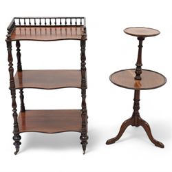 Victorian rosewood three-tier what-not or etagere, raised balustrade gallery top over three shaped tiers on turned supports, turned feet with brass cups and castors (W48cm, H83cm, D34cm); Georgian design mahogany dumbwaiter or what-not, two graduating circular moulded tiers on turned stem, three out splayed supports (W38cm, H77cm)