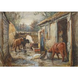 Joseph Denovan Adam (Scottish 1842-1896): Calves Feeding in the Farmyard, watercolour signed and dated 1878, 25cm x 36cm