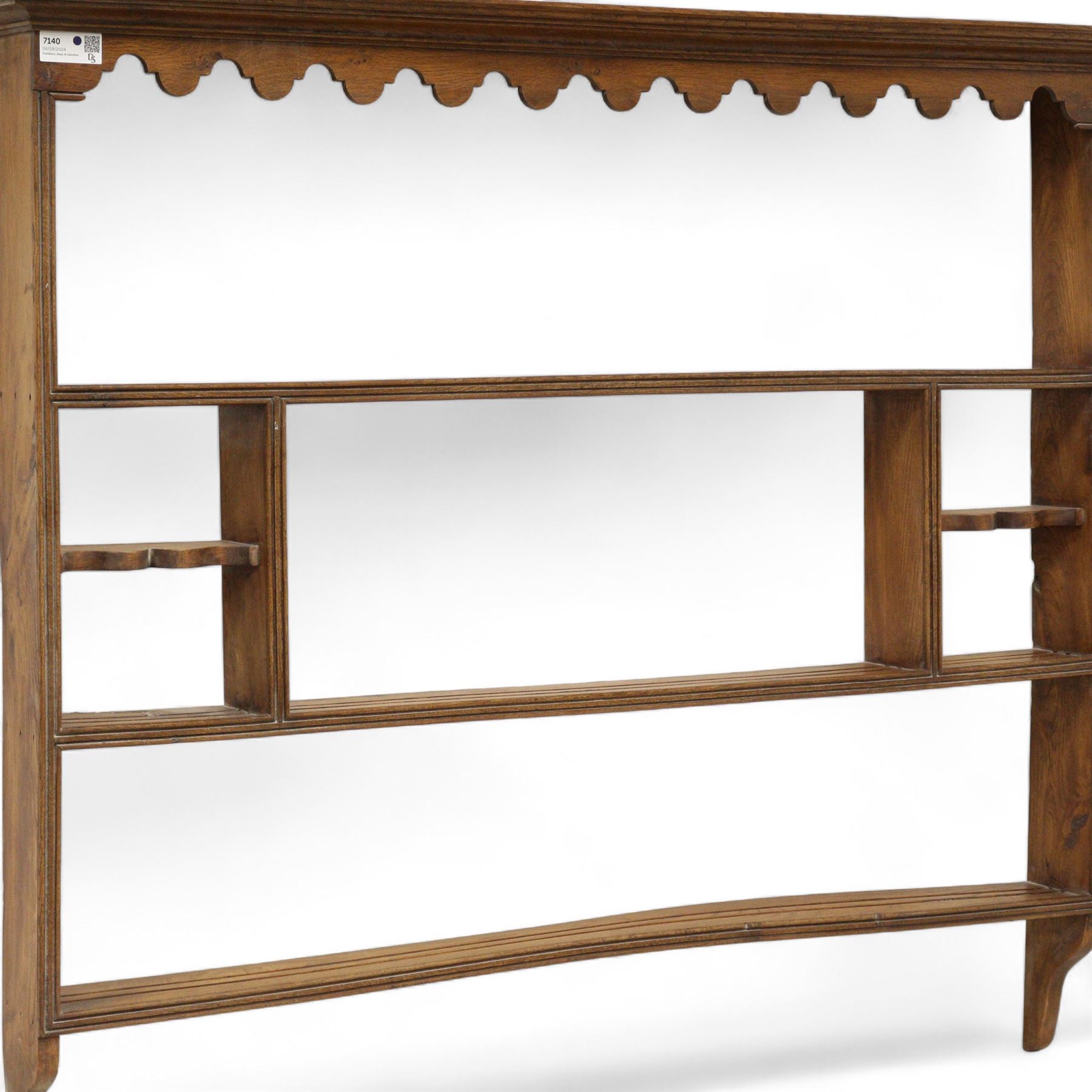 Georgian design elm plate rack, projecting moulded cornice over three tiers, moulded frame 