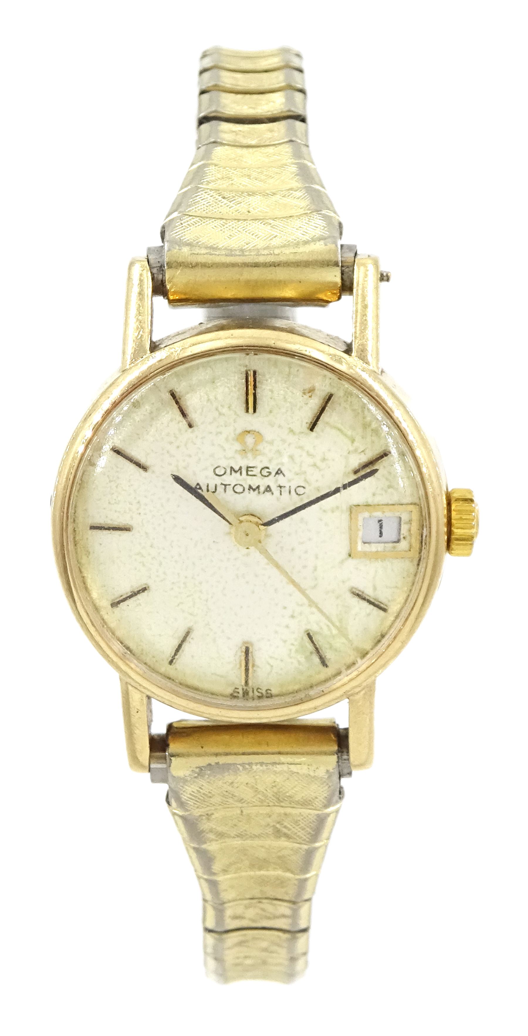 Omega ladies 9ct gold automatic presentation wristwatch, Cal. 681, silvered dial with baton hour markers and date aperture, London 1966, on expanding stainless steel bracelet