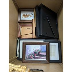 Three modern gilt wall mirrors and two boxes of photograph frames