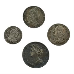 Charles II 1683 threepence, William III 1697 sixpence, Anne 1711 shilling and George II 17...