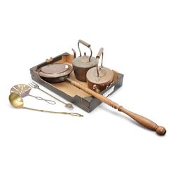 Metalware to include two Victorian copper kettles, warming pan, copper and brass ladel etc. 