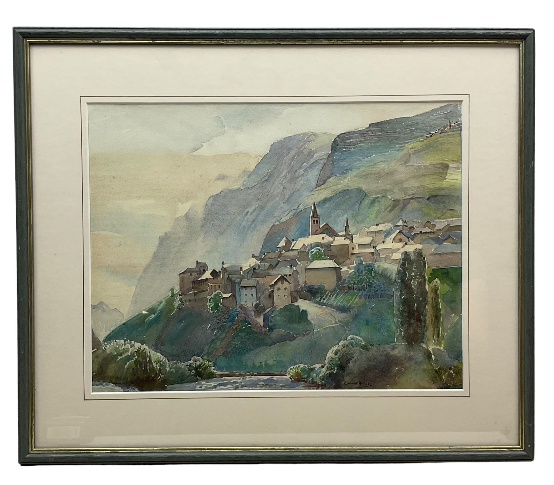 Eleanor Hughes (New Zealand 1882-1959): Alpine Village, watercolour signed 30cm x 38cm 
Notes: Hughes was a prominent member of the Newlyn School of Art. She and her husband Robert Morton Hughes were close friends with Laura and Harold Knight. 