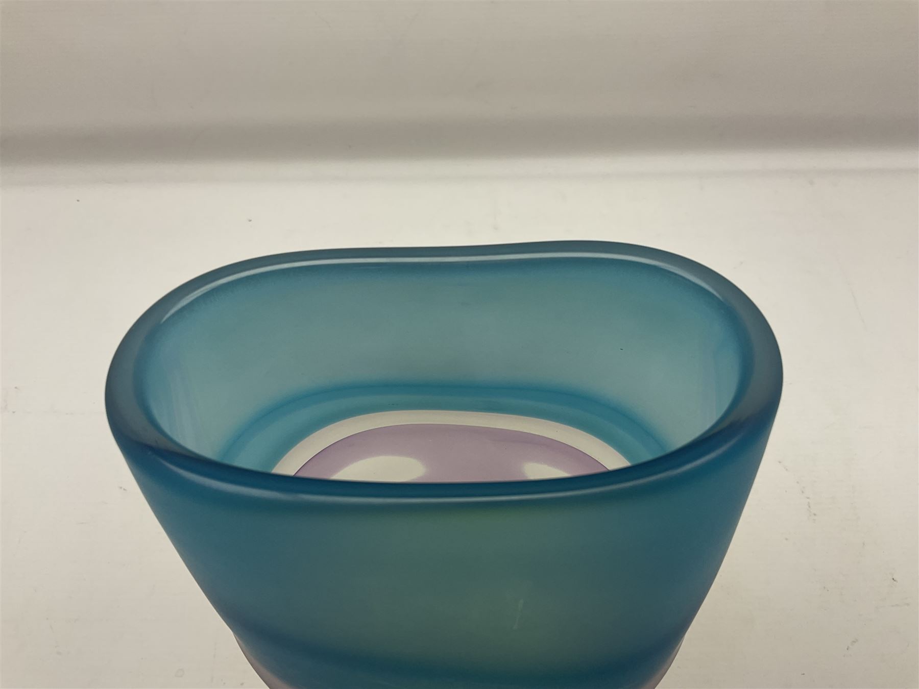 Stuart Akroyd glass vase, matte blue, green and purple bands, with bubble inclusions H28.3cm