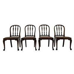 Set of six early 20th century Hepplewhite design mahogany dining chairs, moulded arched frame back, three shaped vertical rails carved with stylised foliate decoration, drop-in seats upholstered in brown fabric within moulded seat rails, on acanthus leaf carved cabriole supports with paw carved terminals 