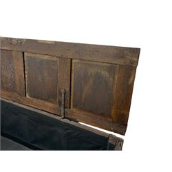 17th century panelled oak blanket chest or kist, quadruple panelled hinged lid over quadruple panelled front, moulded frame and pegged construction, on stile supports