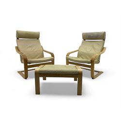 Ikea - pair of 'Poang' cantilever armchairs, upholstered in tan leather; complete with mat...